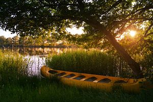 Le canoë jaune au bord du lac