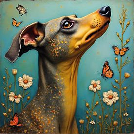 Lévrier dans une prairie fleurie et enchanteresse avec des papillons sur Betty Maria Digital Art