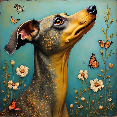 Greyhound in betoverende bloemenweide met vlinders