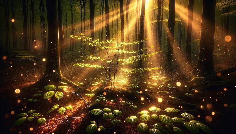 Sun-drenched forest with dancing points of light by artefacti