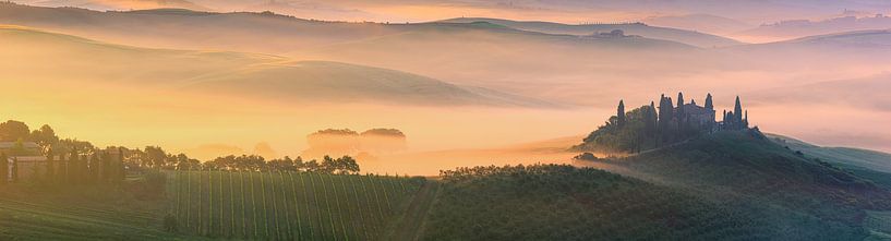 Panorama Sunrise at Belvedere in Tuscany, Italy by Henk Meijer Photography