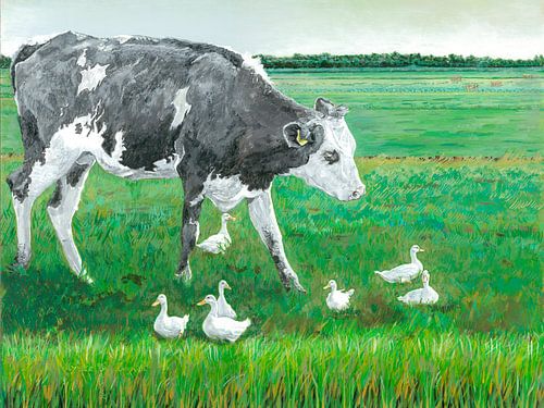 The young cow is happy in the meadow and goes after the ducks while playing.
