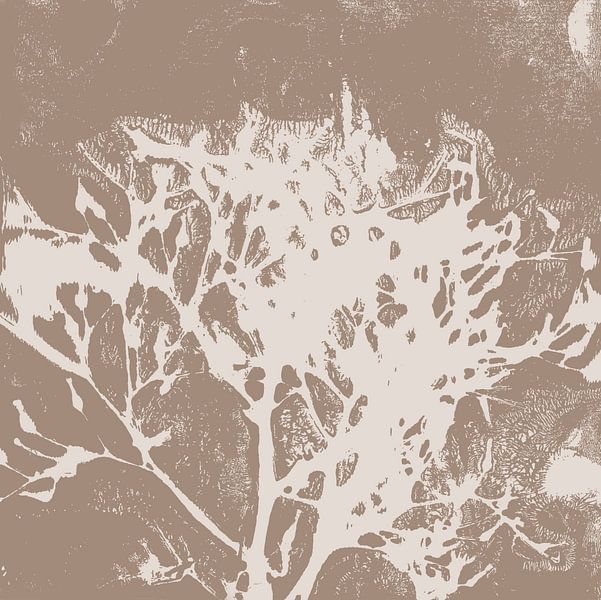 Botanical Japandi style art in pastel colors. Organic shape in beige on dark gold by Dina Dankers