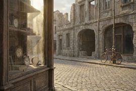 Zeitlose Straßenszene mit Antiquitätenladen-Schaufenster und Ruine von Markus Gann