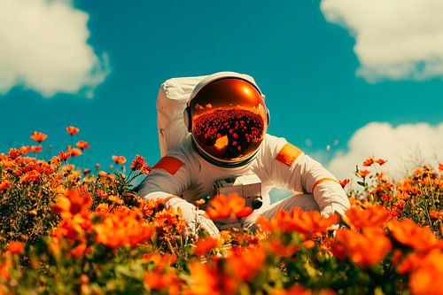 Astronaut in het bloemenveld - kleurrijk en helder