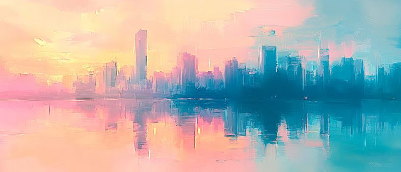 Sfeervol stadspanorama bij zonsopgang van Poster Art Shop