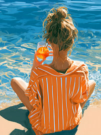 Frau am Meer mit einem Aperol Spritz von Mosaic Dialogue