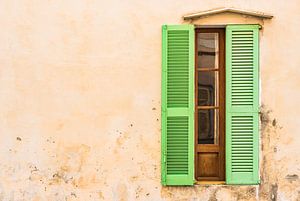 Vieux volets de fenêtre verts méditerranéens et fond de mur sur Alex Winter