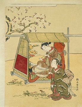 Suzuki Harunobu - Resting in a Palanquin Beneath Cherry Blossoms