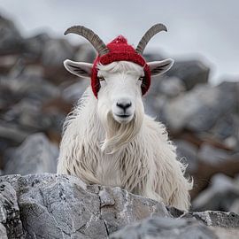 White mountain goat with red cap