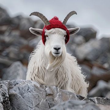 Chèvre de montagne blanche avec bonnet rouge sur Vlindertuin Art