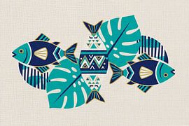 Kitchen Art: Graphic fish with tropical leaves in blue and green by STUDIO ARTSY