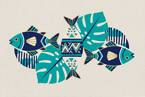 Küchenkunst: Grafische Fische mit tropischen Blättern in Blau und Grün