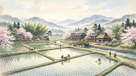 Spring Serenity Across Traditional Japanese Rice Fields by my pixel art