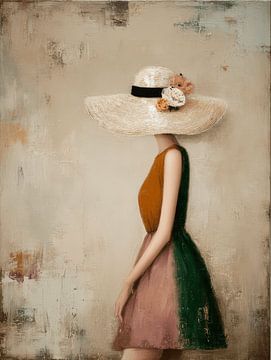 Summer Walk, modern elegant portret van een vrouw met grote hoed