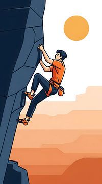 Un homme déterminé escalade une falaise abrupte dans un paysage désertique. sur Clay Artista