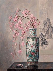 Romantisches Stillleben aus chinesischem Porzellan mit Kirschblüten
