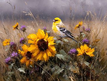 La bergeronnette jaune parmi les chardons et les tournesols sur Karina Brouwer