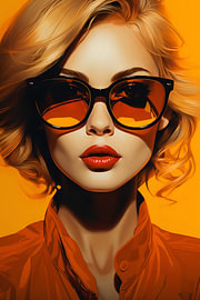 Femme blonde de style pop art portant des lunettes de soleil orange