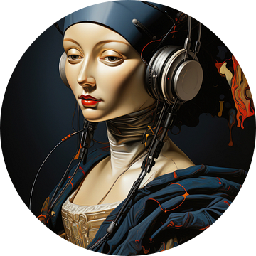 Meisje met de koptelefoon in de toekomst van Digitale Schilderijen