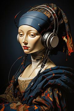 Une fille avec des écouteurs dans le futur sur Digitale Schilderijen