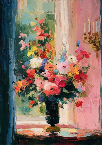 Boeket bloemen bij het raam