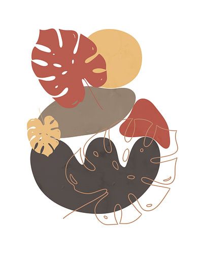 Minimalistisch landschap met drie palmbladeren in warme kleuren