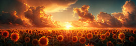 Coucher de soleil à couper le souffle sur l'immense panorama de champs de tournesols sur Poster Art Shop