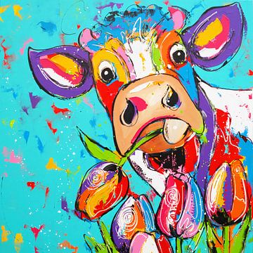 Colorful Cow with Tulips by Vrolijk Schilderij