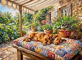 Dackel, der auf einer Gartenbank aus Patchwork ruht von ArtMomente