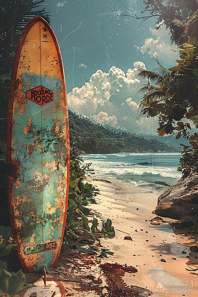 Abandoned surfboard on tropical beach by Art & Soul Creations