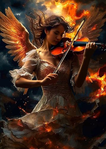 Vrouwelijke engel die viool speelt Abstracte vlam