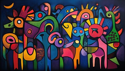 Kleurrijke vreemde dieren in de nacht abstract panorama