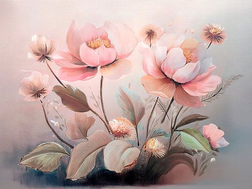 Dromerig en rustig schilderij: Roze Pioenrozen.