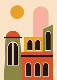 Minimalistische Retro-Illustration im Flat-Design mit abstrakten Gebäuden, Bögen und einer warmen, geometrischen Farbpalette.
