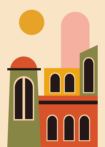 Illustration rétro au style architectural minimaliste et aux couleurs unies, mettant en scène des bâtiments abstraits, des arches et une palette de couleurs géométriques aux teintes chaudes.