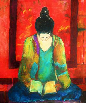 Porträt eines lesenden Mädchens. Handgemalt mit Ölpastell. von Ineke de Rijk