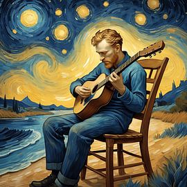 Guitarist Under the Starry Night – Abstract Expression of Music and Dreams by Aden Pink Galerry