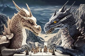 Dragon duel on mountain top: chess game by Frank Heinz