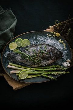 Fish dish with asparagus food photography