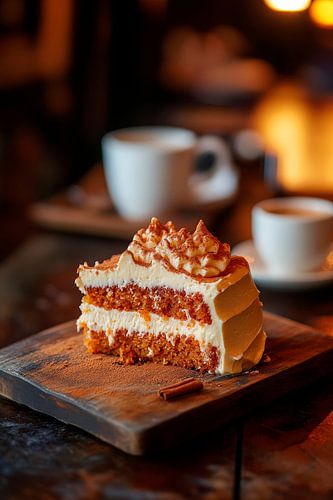 Delicious slice of cake on a wooden plate