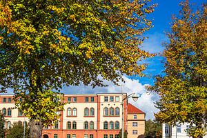 Blick auf Gebäude in der Hansestadt Rostock im Herbst