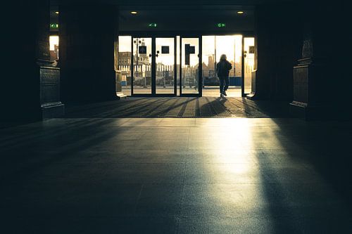 Wanderer in the central station of Amsterdam during the sunset.