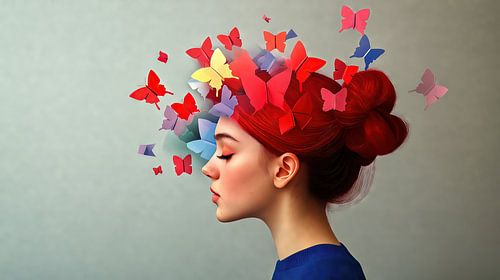 Roodharige vrouw met vlinders van fantasie