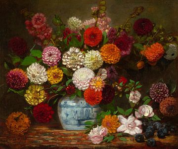 Stilleven met dahlia's, zinnia's, stokrozen en pruimen, Eugène Delacroix