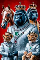 Twee gorillakoningen en twee leeuwenprinsen met paarden