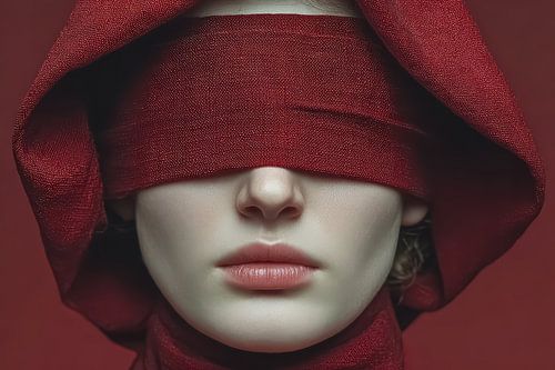 surreal portrait woman with blindfold red