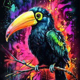 Peinture à l'aquarelle Toucan Neon – Décoration murale moderne décorative sur le thème de la faune sauvage sur MIROKKU