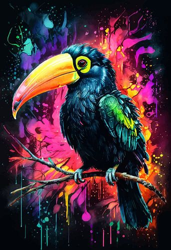 Tukan Neon-Aquarellgemälde – Dekorative moderne Wanddekoration mit Wildtieren von MIROKKU