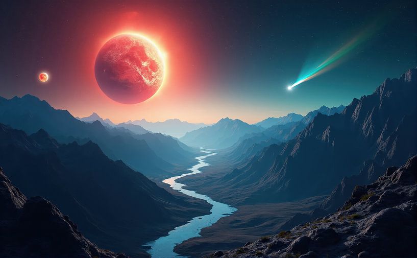 Alien-Landschaft mit rotem Planeten, Komet und Flusstal von Markus Gann